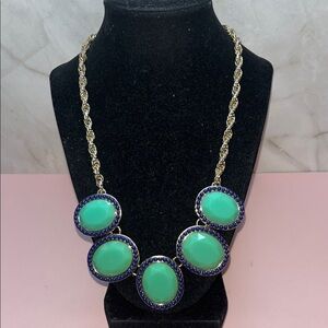 Banana Republic Gold Tone rope chain Green & Blue Rhinestone Statement Necklace